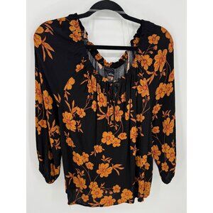 Sanctuary Womens Pleated Black Floral Print Peasant Top